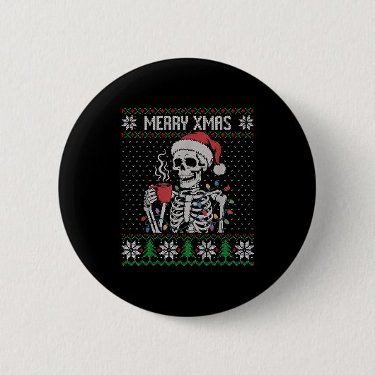 Badge Rond 5 Cm Merry Xmas Skeleton Ugly Sweater, Skull Wearing Sa (Devant)