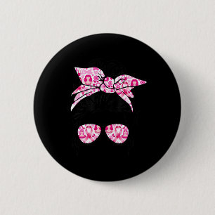 Badge Rond 5 Cm Messy Bun Pink Warrior Support Squad Cancer du sei