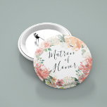 Badge Rond 5 Cm Mi-été Floral Matron d'honneur<br><div class="desc">Identifiez les joueurs clés de votre douche nuptiale avec nos boutons floraux élégants et doucement chics. Bouton est doté d'une couronne florale aquarelle de pivoines roses,  de fleurs d'hydrangée blanche et de verdure botanique avec "matron d'honneur" inscrit à l'intérieur en écriture manuscrite.</div>