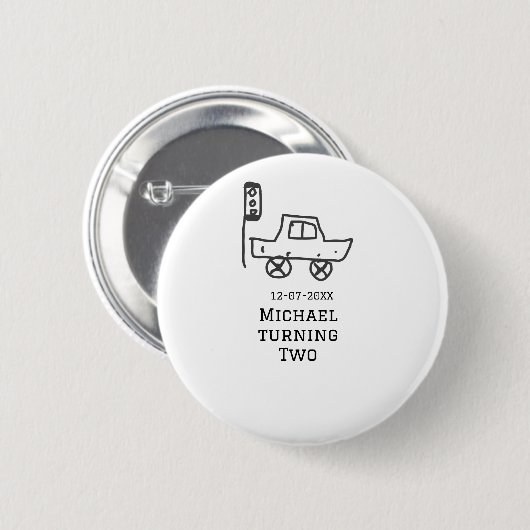 Badge Rond 5 Cm Michael turning two birthday toy car traffic light (Devant & derrière)