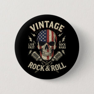 Badge Rond 5 Cm Microphone Ruban Drapeau Américain Crâne Rock Vint