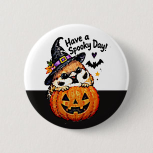 Badge Rond 5 Cm Mignon Chibi Moineau Oiseau Halloween Citrouille