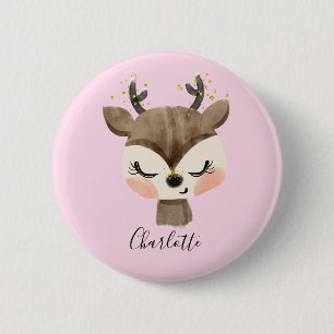 Badge Rond 5 Cm Mignon Cute & Féminin Pastel Rose Saumon Renne de