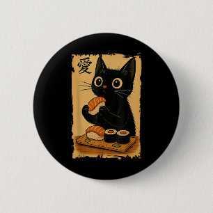 Badge Rond 5 Cm Mignon Kawaii Chat Noir Mangeant Sushi Drôle Japon