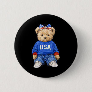 Badge Rond 5 Cm Mignon ours patriotique usa 4 juillet américain