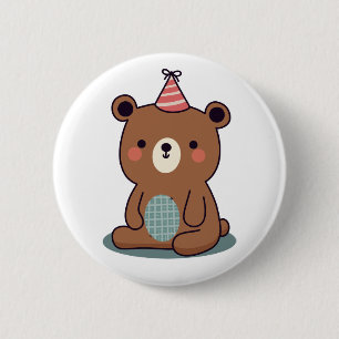 Badge Rond 5 Cm Mignon Ourson Brun de Fête