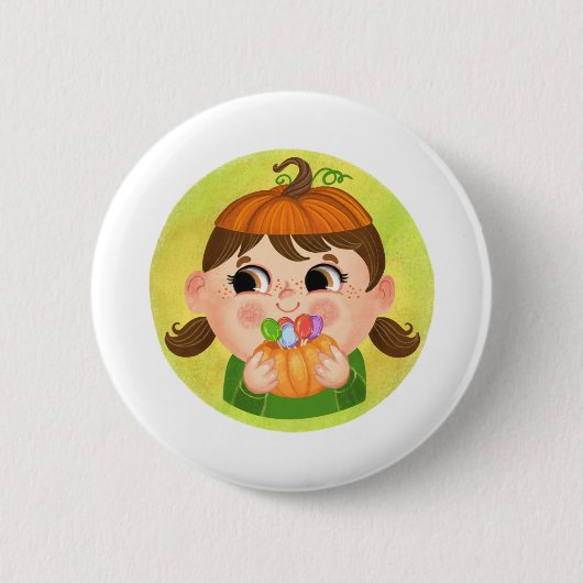 Badge Rond 5 Cm Mignonne fille en costume d'Halloween Citrouille (Devant)