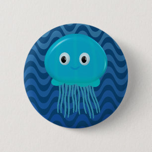 Badge Rond 5 Cm Mignonne méduse Cartoon Dans Les Vagues Bleues