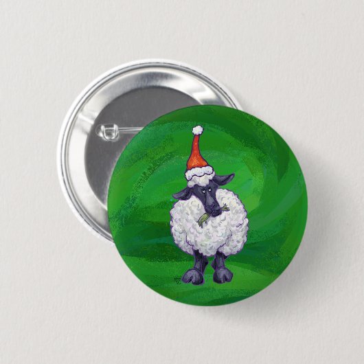 Badge Rond 5 Cm Mignonne mouton à Santa Chapeau sur vert (Devant & derrière)