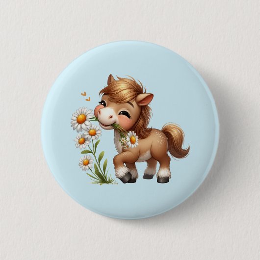Badge Rond 5 Cm Mignonne Pony Mange Manger Des Marguerites (Devant)
