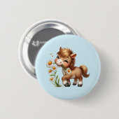 Badge Rond 5 Cm Mignonne Pony Mange Manger Des Marguerites (Devant & derrière)