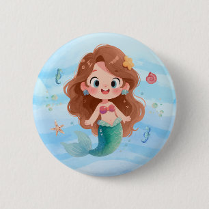 Badge Rond 5 Cm Mignonne sirène aquarelle sous l'art de la mer Chi