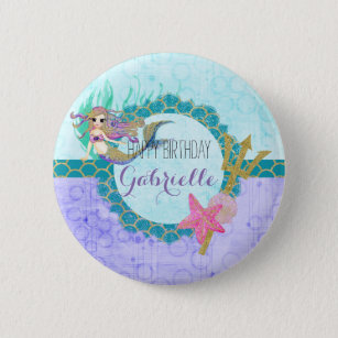 Badge Rond 5 Cm Mignonne sirène Turquoise et violet Monogramme Joy