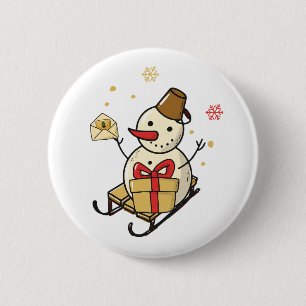 Badge Rond 5 Cm Mignonne Snowman Sur Un Motoneige