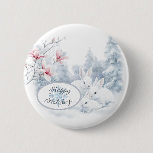 Badge Rond 5 Cm Mignons lapins blancs en vacances d'hiver neige