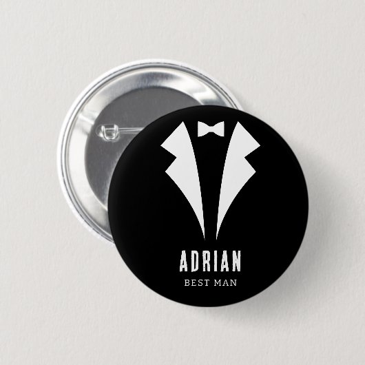 Badge Rond 5 Cm Minimal Wedding Best Man Name Black Tuxedo (Devant & derrière)