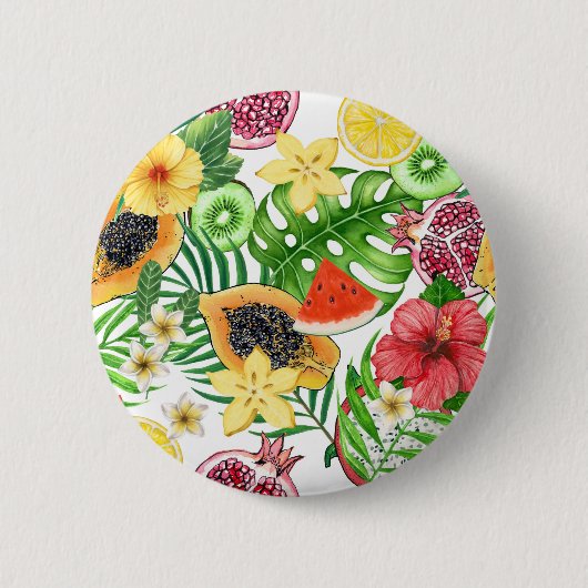 Badge Rond 5 Cm Mix-fruit tropical, fleurs et feuilles sur blanc (Devant)