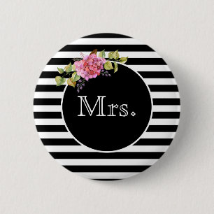 Badge Rond 5 Cm Mme Black and White rayé avec Bouquet de Fleurs