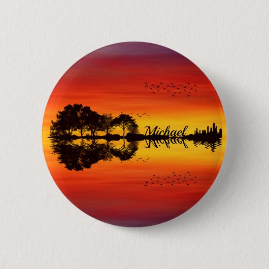 Badge Rond 5 Cm Modern Orange Sunset Guitariste Nom Aquarelle (Devant)
