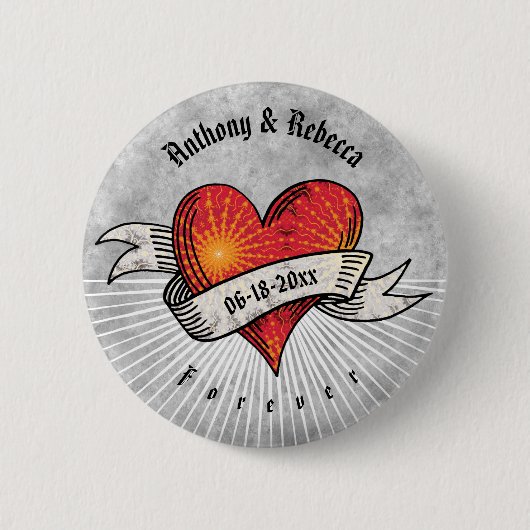 Badge Rond 5 Cm Modern Red Heart Ajouter des noms et une date (Devant)