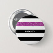 Badge Rond 5 Cm Moderne Black Stripes FAUX Purple Glitz et nom (Devant & derrière)