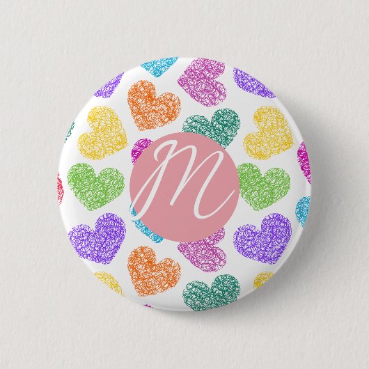 Badge Rond 5 Cm Moderne Vibrant Rainbow Doodle Hearts Monogramme (Devant)