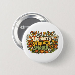 Badge Rond 5 Cm Mois de l'Histoire des Femmes Rétro Floral Groovy