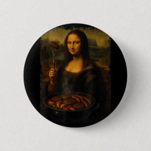Badge Rond 5 Cm Mona lisa grillant barbecue drôle