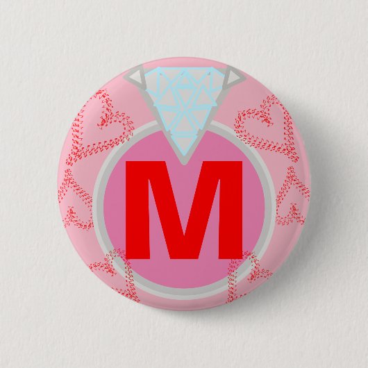 Badge Rond 5 Cm Monogramme Bleu Diamant Coeurs rouges (Devant)