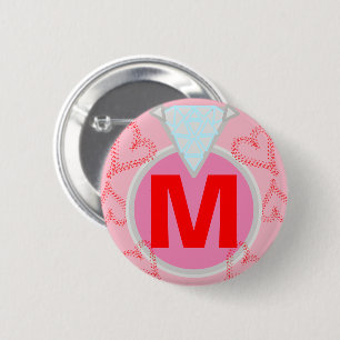 Badge Rond 5 Cm Monogramme Bleu Diamant Coeurs rouges