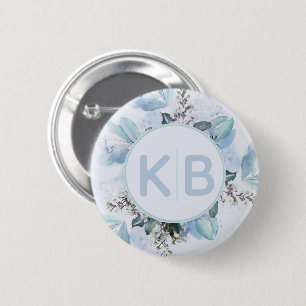 Badge Rond 5 Cm Monogramme botanique bleu poussiéreux