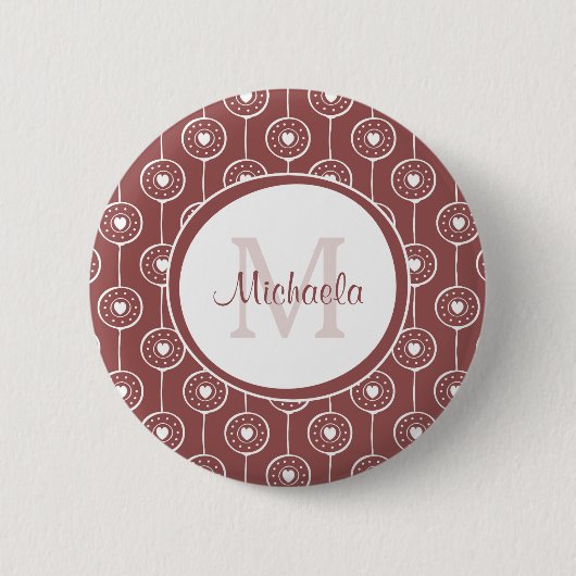 Badge Rond 5 Cm Monogramme de Coeurs Brown et rouges élégant avec  (Devant)