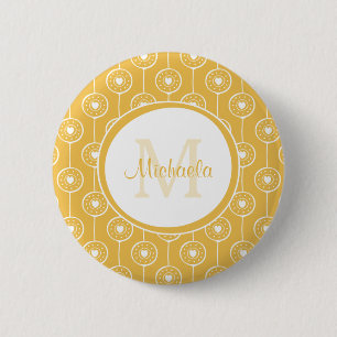 Badge Rond 5 Cm Monogramme de Coeurs Jaunes et Blancs élégant avec