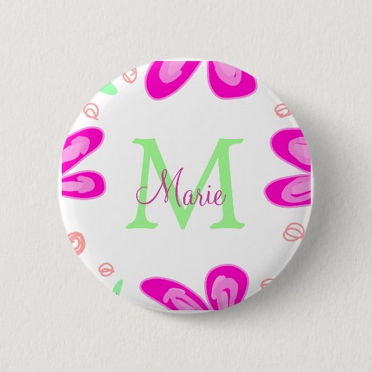 Badge Rond 5 Cm monogramme de fleur rose ajouter nom lettre feuill (Devant)