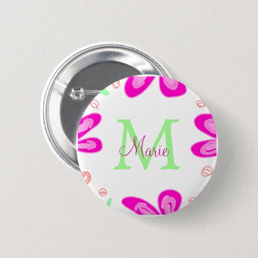 Badge Rond 5 Cm monogramme de fleur rose ajouter nom lettre feuill (Devant & derrière)