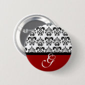 BADGE ROND 5 CM MONOGRAMME DE MARIAGE DAMASSÉ BLANC ROUGE (Devant & derrière)