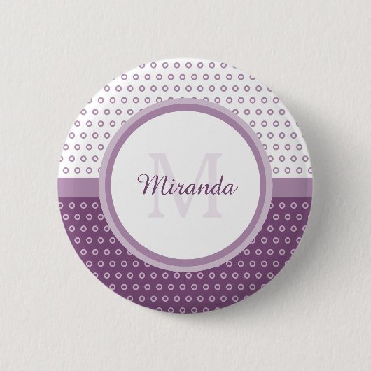 Badge Rond 5 Cm Monogramme de Pois mod violet et blanc avec nom (Devant)