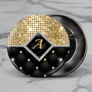 Badge Rond 5 Cm Monogramme diamant noir or cristal faux stylé