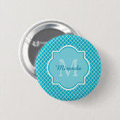 Badge Rond 5 Cm Monogramme et nom de Quatrefoil bleu turquoise cla (Devant & derrière)