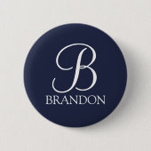 Badge Rond 5 Cm Monogramme et nom de script personnalisé bleu mari (Devant)