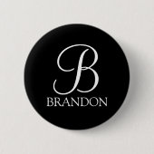 Badge Rond 5 Cm Monogramme et nom de script personnalisé noir (Devant)