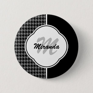 Badge Rond 5 Cm Monogramme et nom moderne noir et blanc à carreaux