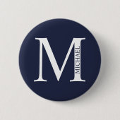 Badge Rond 5 Cm Monogramme et nom personnalisés bleu marine (Devant)