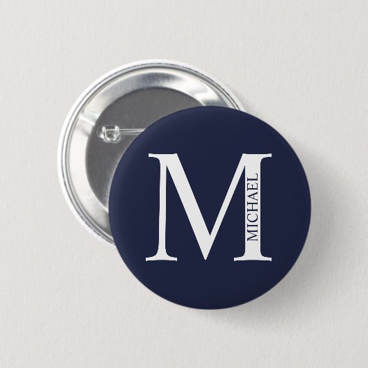 Badge Rond 5 Cm Monogramme et nom personnalisés bleu marine (Devant & derrière)