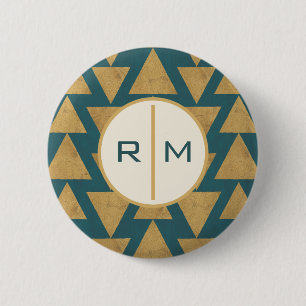 Badge Rond 5 Cm Monogramme  Extérieur Geo Step  Pat Turquoise Gol