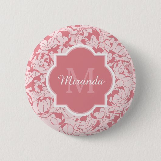 Badge Rond 5 Cm Monogramme Floral Rose Lumière Moderne Avec Nom (Devant)