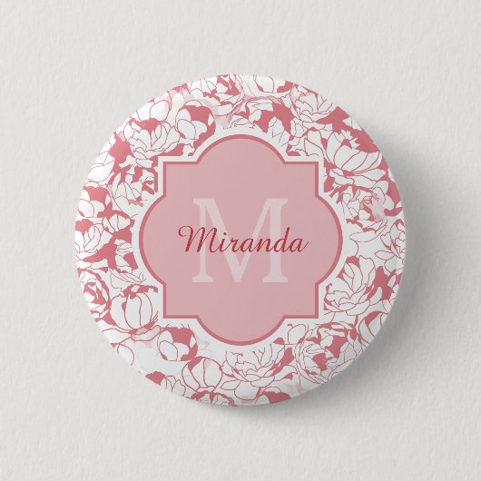 Badge Rond 5 Cm Monogramme Floral Rose Lumière Moderne Avec Nom (Devant)