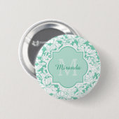 Badge Rond 5 Cm Monogramme Floral Vert Mint Moderne Avec Nom (Devant & derrière)