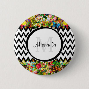 Badge Rond 5 Cm Monogramme floral vintage noir et nom de mod