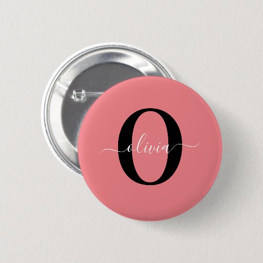 Badge Rond 5 Cm Monogramme personnalisé Nom de script noir blanc r (Devant & derrière)